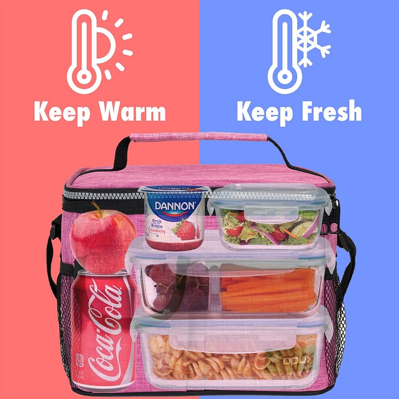 opux Insulated Lunch Bag for Men Women, Leakproof Heather Pink Lunch Box for Work, Portable Soft Lunch Cooler Bag with Shoulder Strap, Adult Lunchbox Lunch Pail for Kid Boy Girl School, 14 Can/8L - Image 2